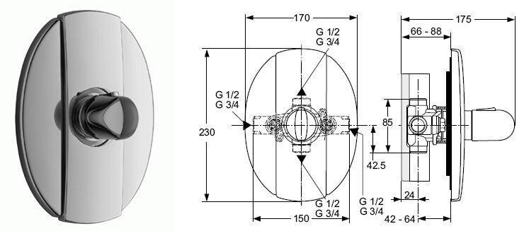 Смеситель для ванны/душа Ideal Standard Ceratherm 200 внешняя часть A3208AA Снят с производства Смеситель для ванны/душа Ideal Standard Ceratherm 200 внешняя часть A3208AA Снят с производства
